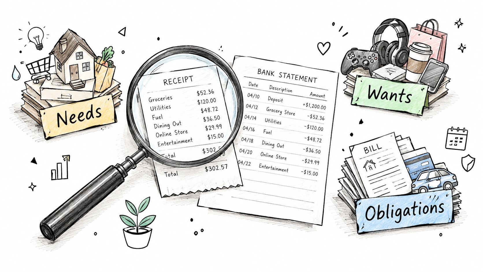 A hand-drawn illustration showing a magnifying glass over a receipt and bank statement, representing financial budgeting categories.
