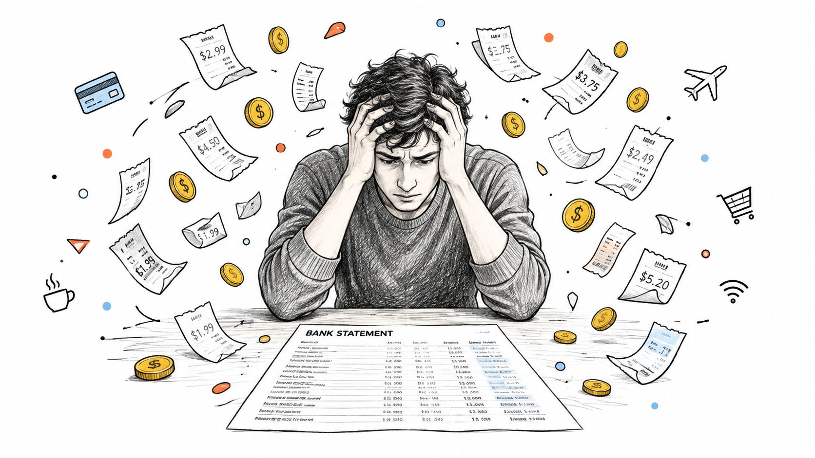A stressed man sitting at a desk surrounded by bank statements, receipts, and floating coins, illustrating financial anxiety.