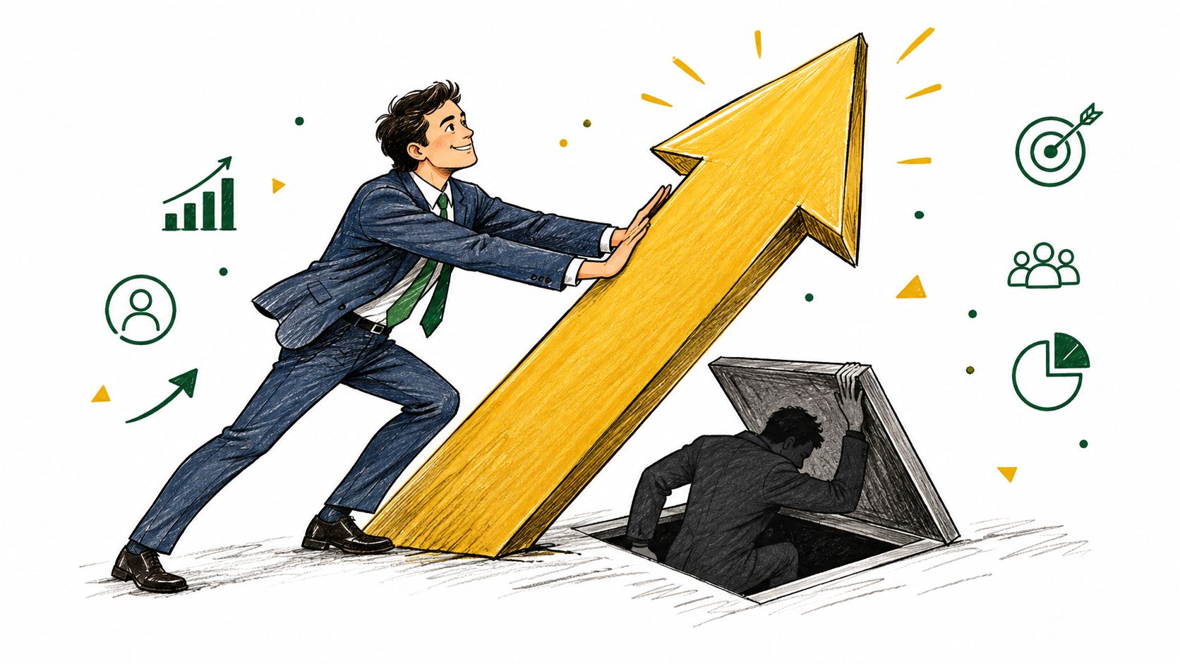 A professional pushing a gold upward arrow while another person emerges from a trapdoor below.