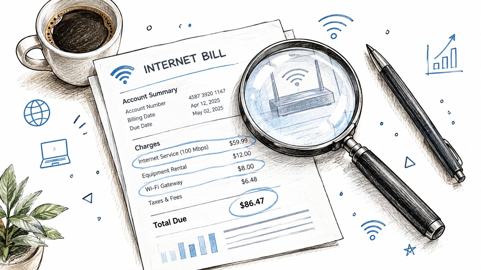 A detailed internet bill on a desk with a magnifying glass held over a router illustration.