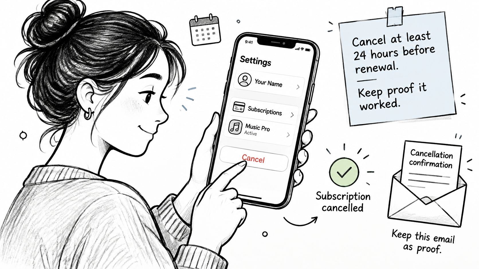 A woman canceling a mobile subscription on her smartphone with advice to keep cancellation proof.