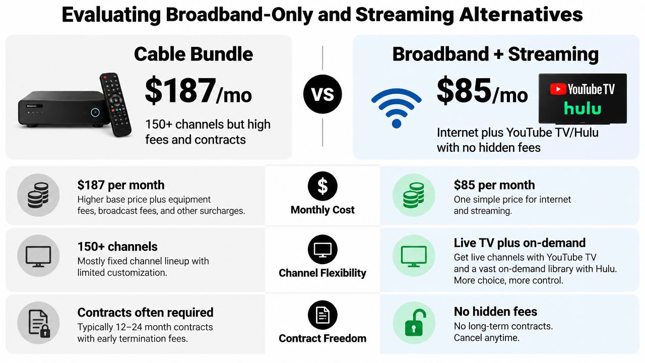 A comparison chart showing the financial and flexibility benefits of choosing broadband streaming over traditional cable bundles.