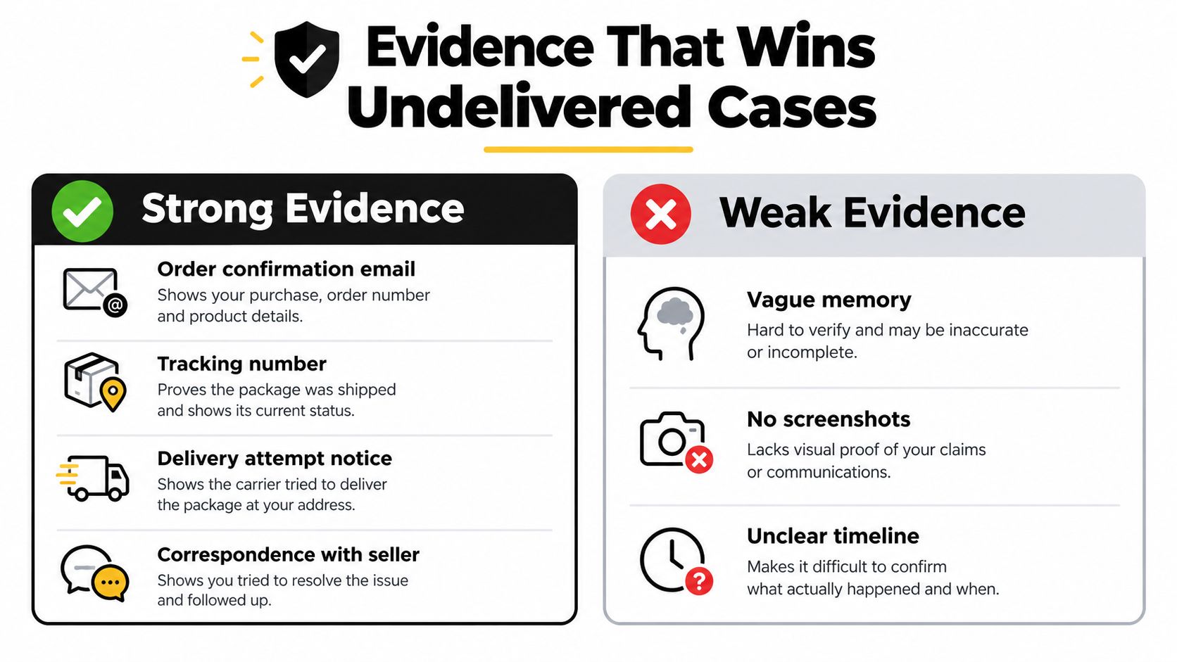 A comparison chart showing strong evidence versus weak evidence for disputing undelivered online order cases.