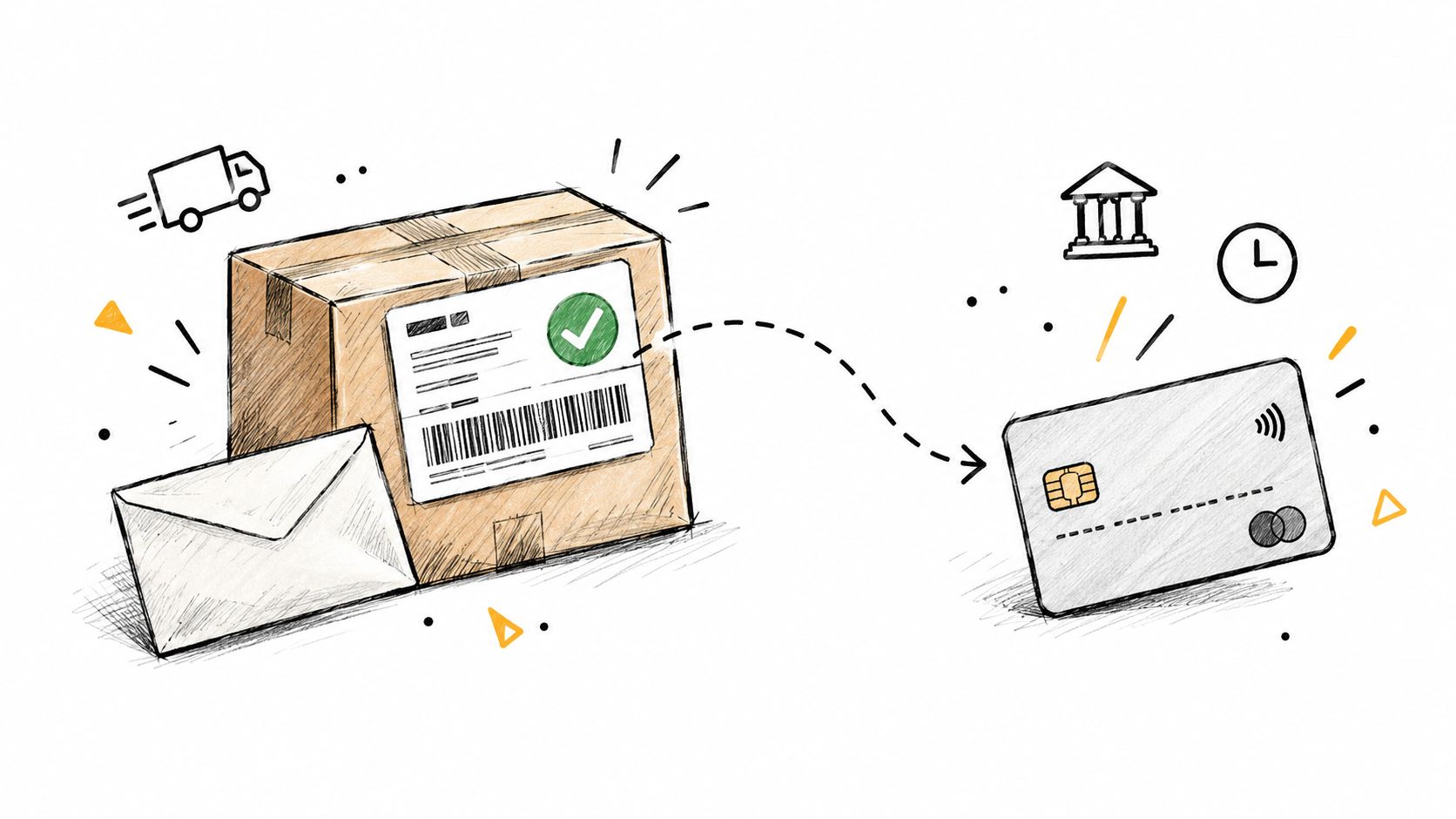 A digital illustration showing a parcel package and an envelope connected to a credit card representing payments.