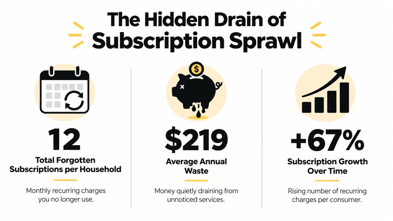 An infographic titled The Hidden Drain of Subscription Sprawl showing 12 forgotten subscriptions costing households $219 annually.
