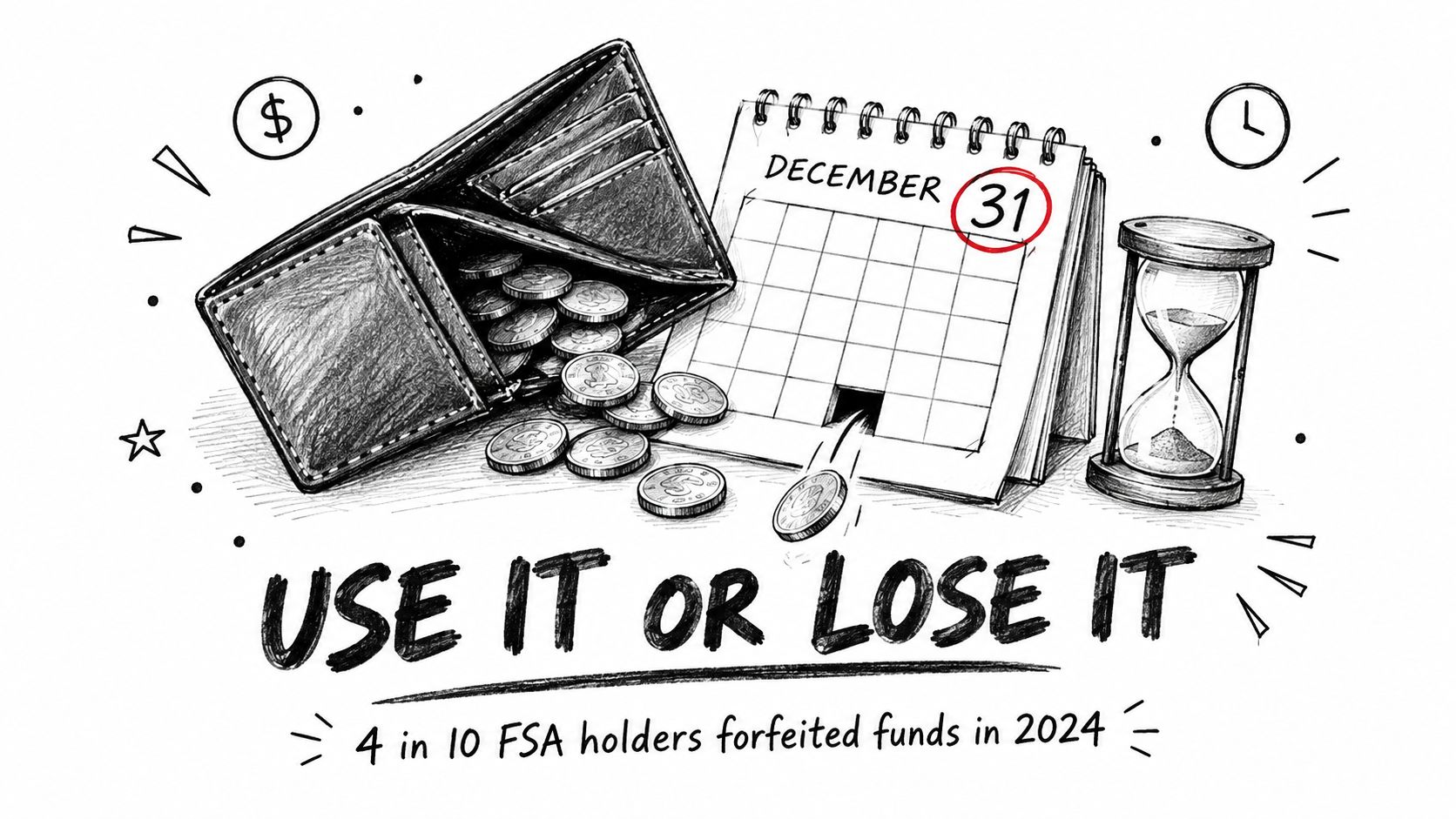 A black and white illustration of a wallet, calendar marked December 31, and hourglass representing FSA funds.