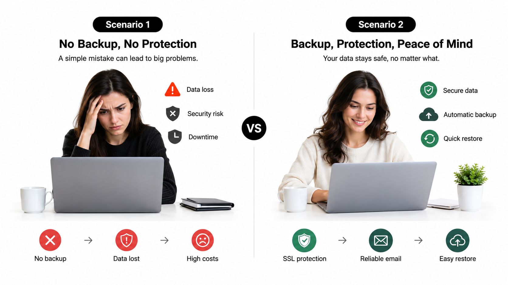 A comparison showing the difference between data loss without backups and the security of automatic data backups.