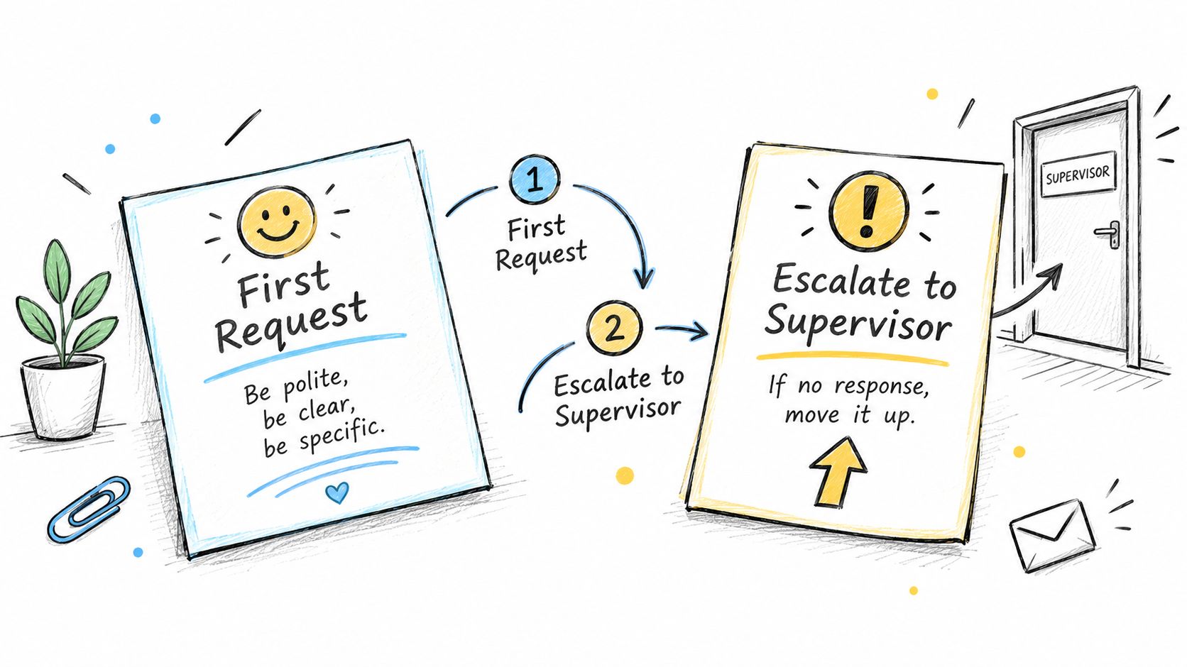 A diagram illustrating a two-step process: making a polite first request and then escalating to a supervisor.