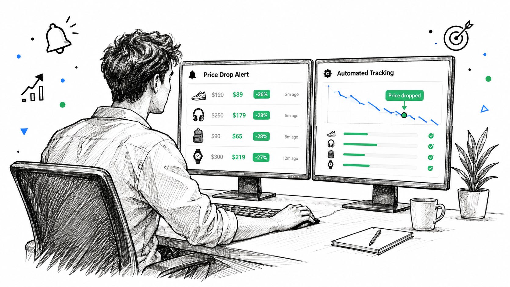 A person using dual monitors to track product price drops and automated shopping alerts at a desk.
