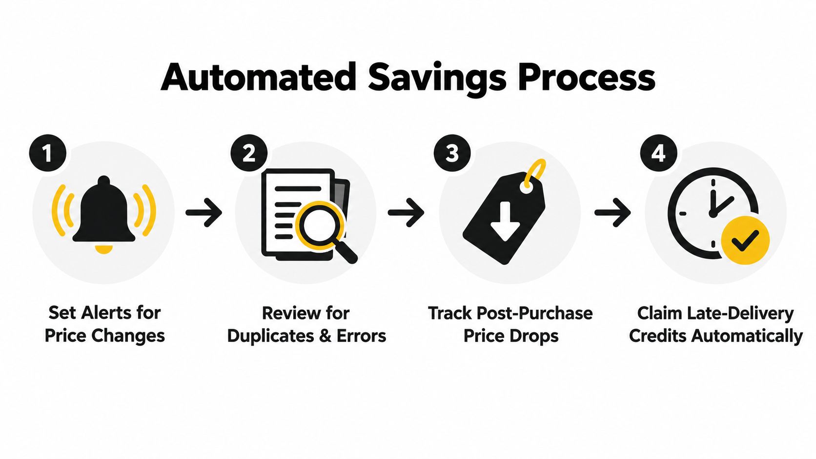 A four-step infographic showing the automated savings process for tracking price drops and claiming delivery credits.