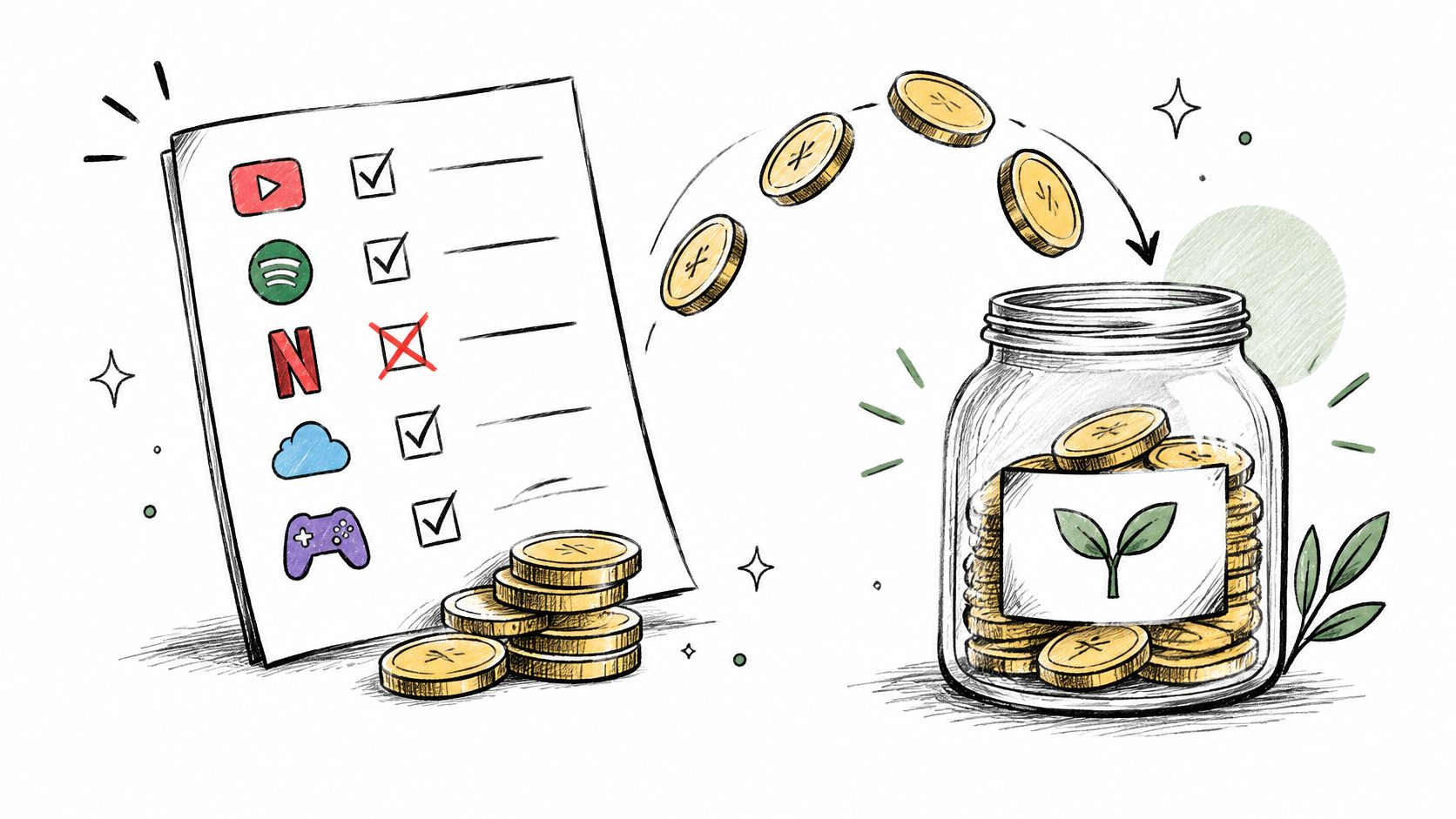 A conceptual illustration showing subscription services being cancelled and money being saved in a glass jar.