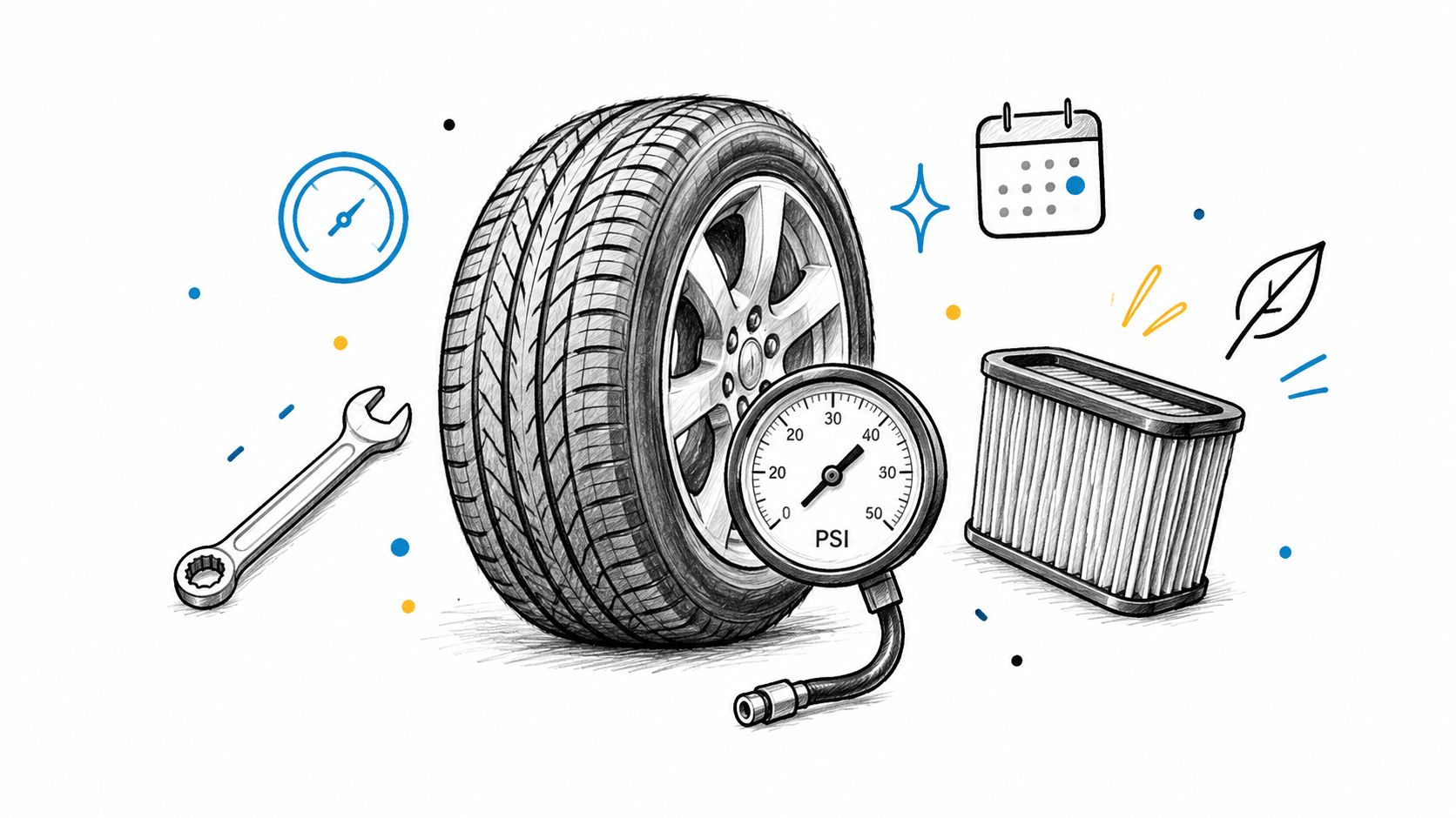 A pencil-style illustration featuring a car tire, tire pressure gauge, wrench, calendar, and an air filter.