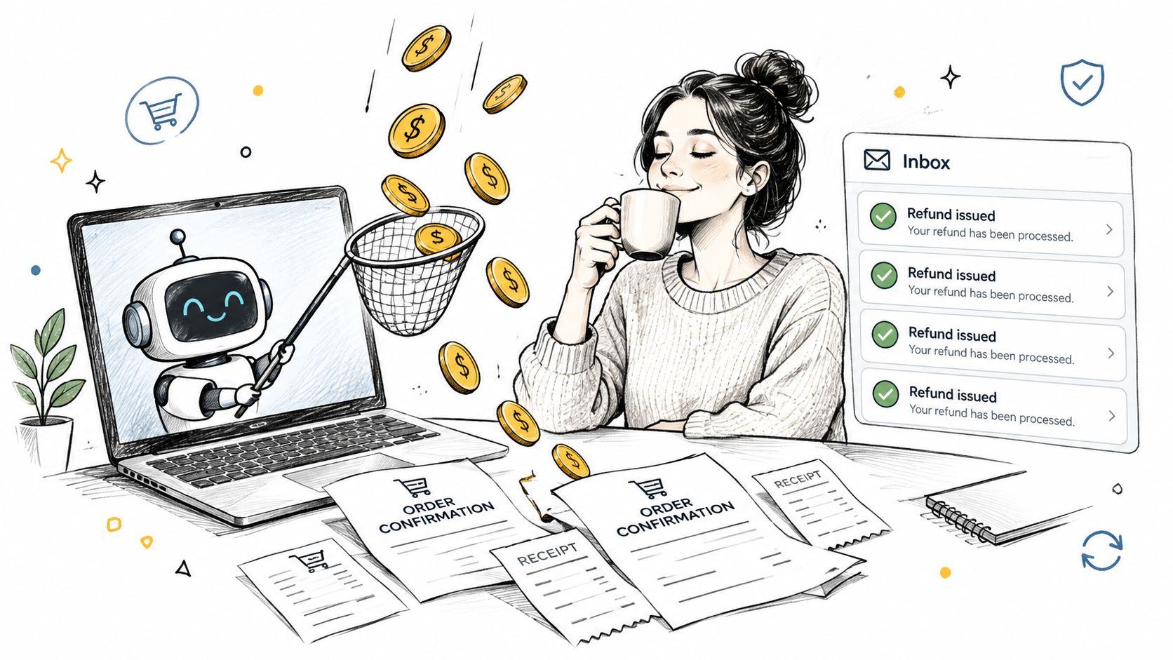 A woman drinking coffee while a robot catches falling coins on a laptop screen with receipts nearby.