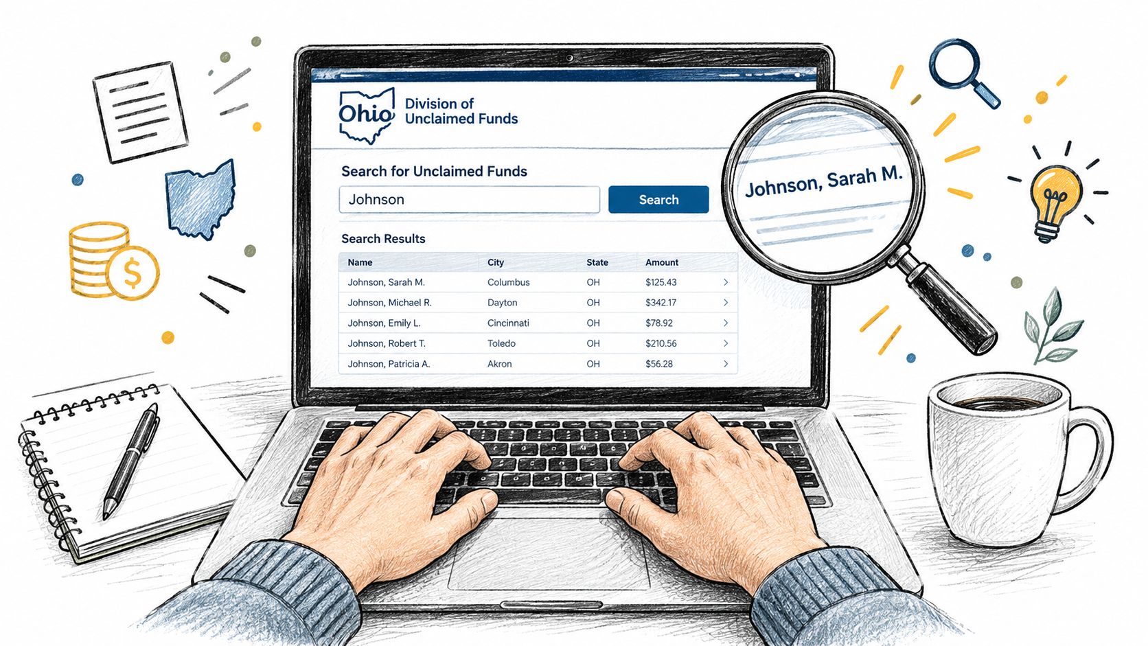 A person typing on a laptop displaying the Ohio Division of Unclaimed Funds search results page.