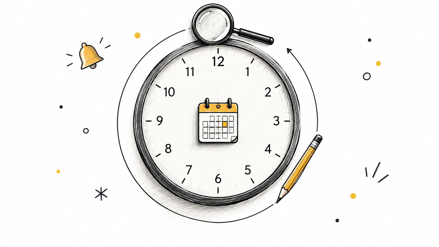 A hand-drawn sketch of a clock face containing a calendar icon, a pencil, and a magnifying glass.