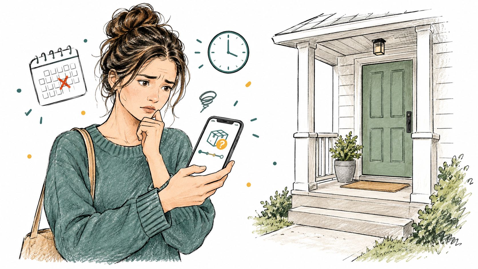 A concerned woman checking her smartphone for a package delivery status while standing near her home.