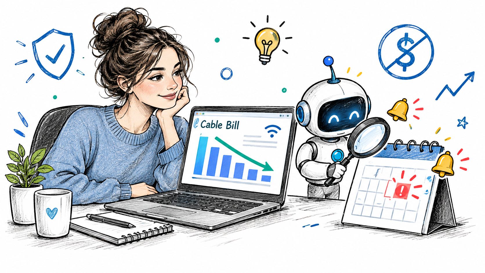 A woman looks at a laptop screen showing declining costs while a robot assistant inspects a calendar.