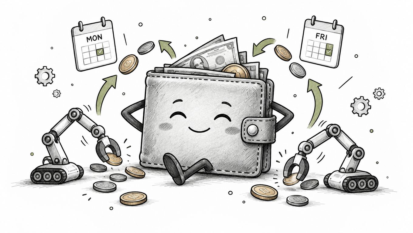 A happy cartoon wallet being managed by small robotic arms between Monday and Friday calendar icons.
