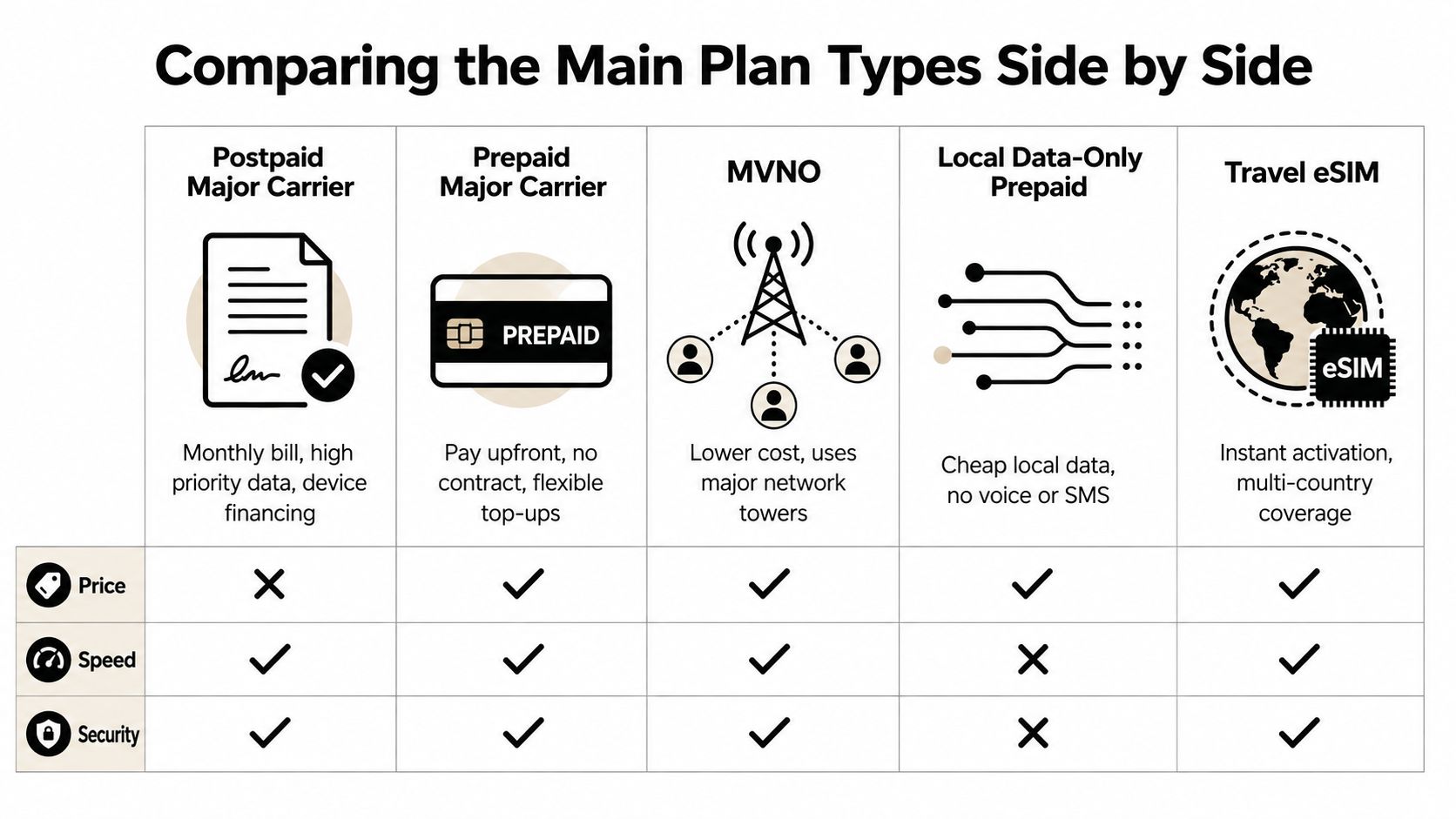 A comparison chart showing features, pricing, speed, and security across five different mobile phone plan types.
