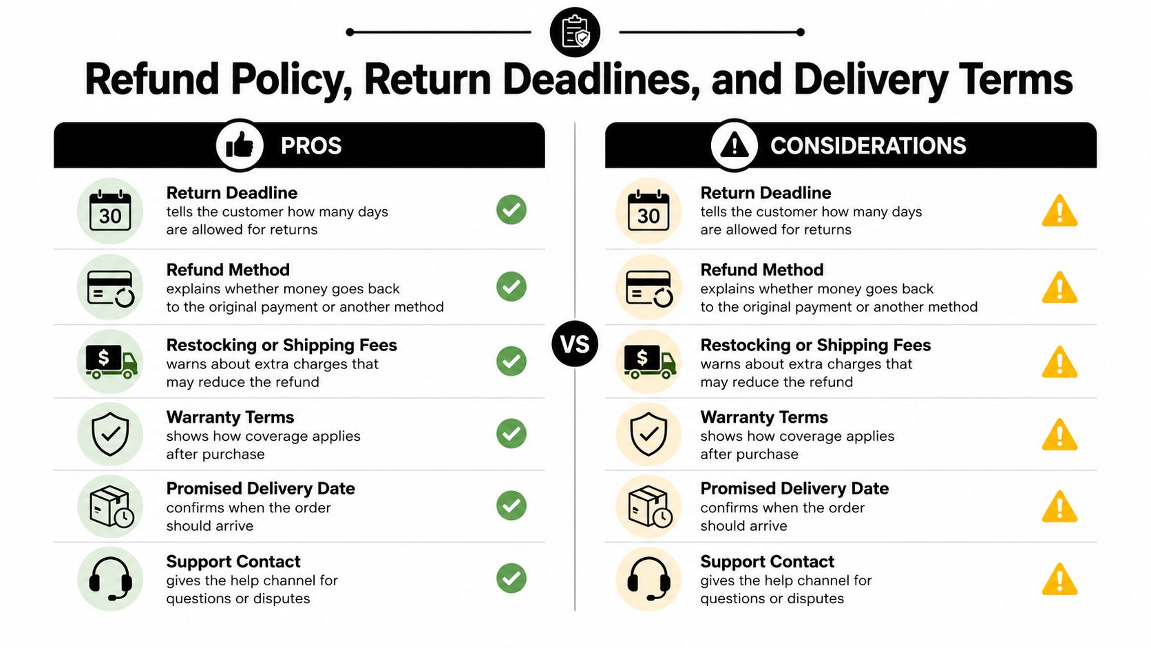 A comparison chart showing pros and considerations for refund policies, return deadlines, and delivery terms in e-commerce.