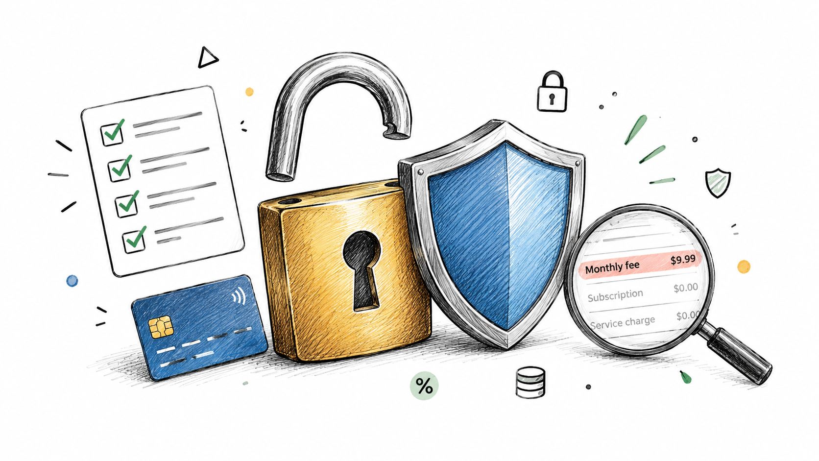 A digital illustration of a padlock, shield, credit card, and magnifying glass representing secure subscription billing management.