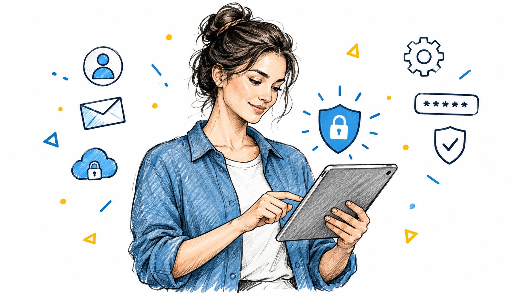A woman using a tablet device surrounded by digital security and data protection icons