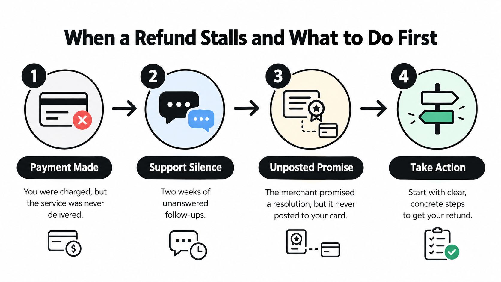 A four-step infographic illustrating the process of handling a stalled refund when services are not delivered.