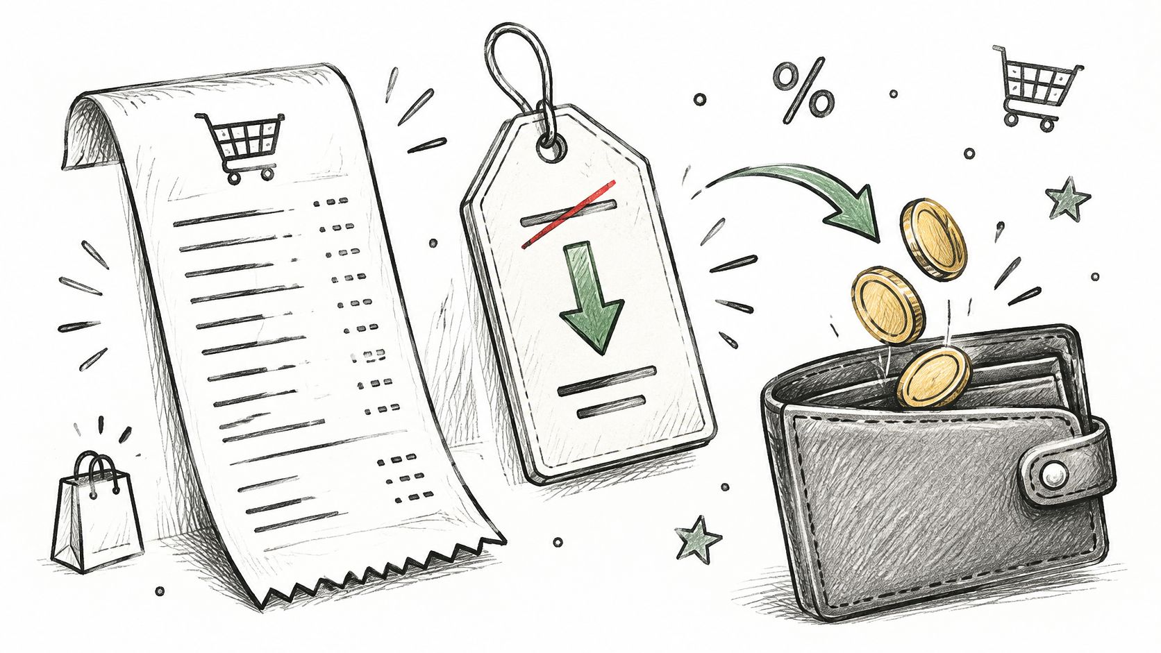 A conceptual sketch showing a shopping receipt, a price reduction tag, and a wallet receiving coins.