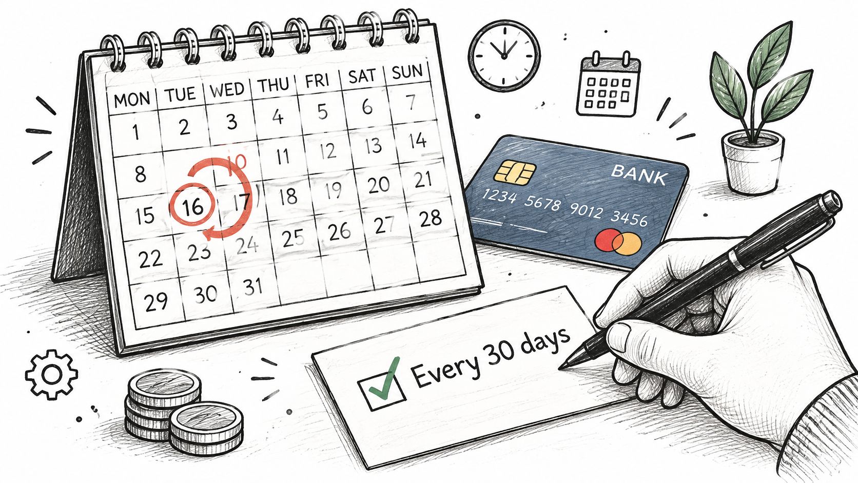 A hand writes on a note next to a calendar, credit card, and coins for monthly subscriptions.