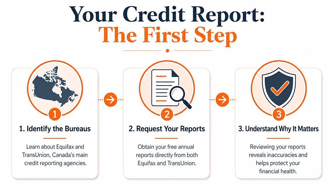 An infographic showing three steps to understanding your credit report by using Equifax and TransUnion.