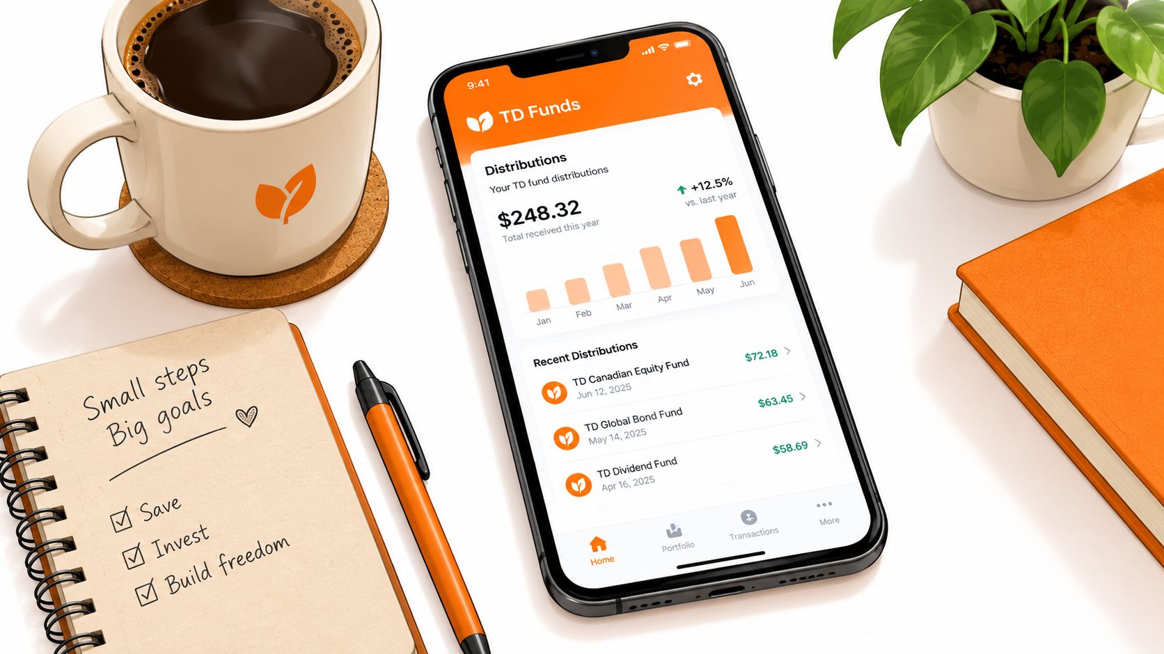 A smartphone displaying the TD Funds mobile app interface showing investment distribution data on a desk.