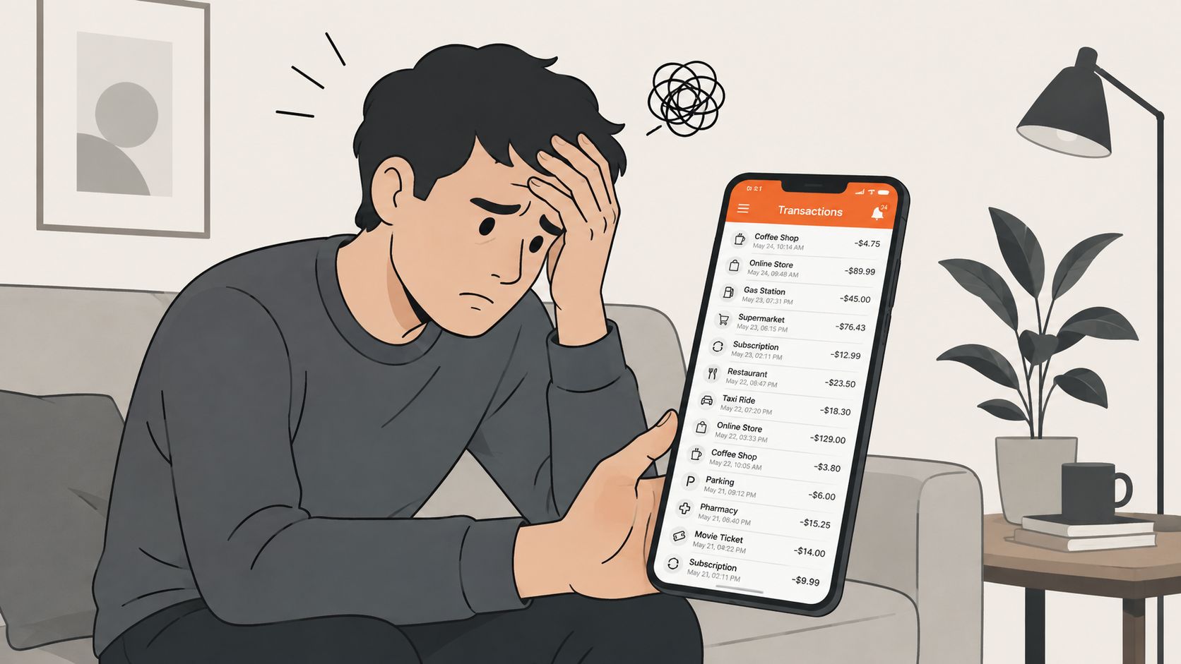 A distressed man sitting on a couch, looking at a long list of financial transactions on his smartphone.
