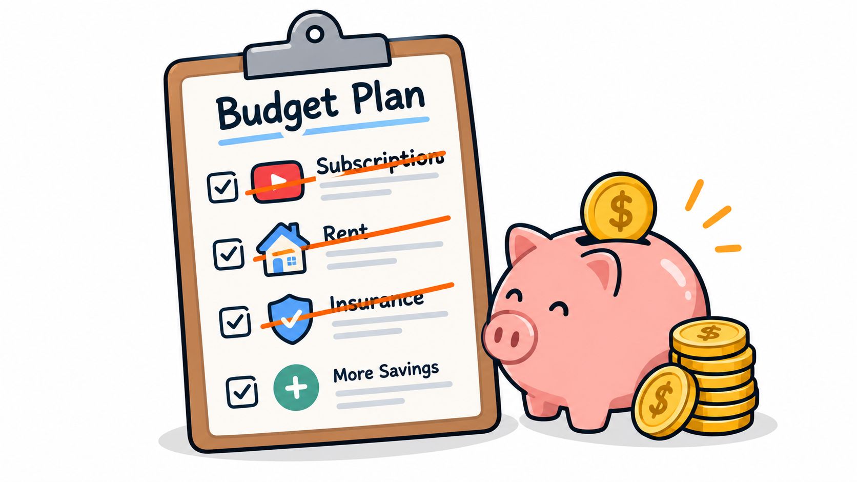 A clipboard showing a budget plan checklist next to a pink piggy bank with gold coins.