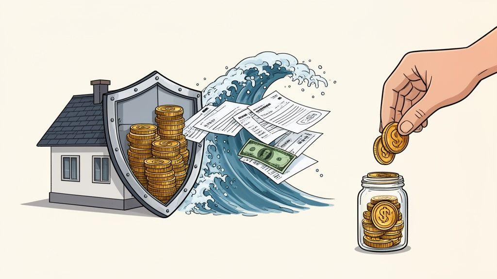 A house protected by a shield with money from a wave of bills, while a hand saves coins in a jar.