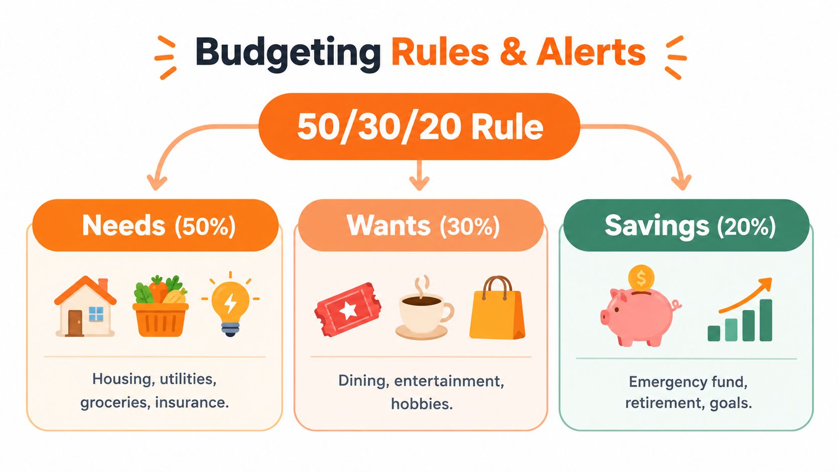 An infographic showing the 50/30/20 budgeting rule dividing income into needs, wants, and savings categories.