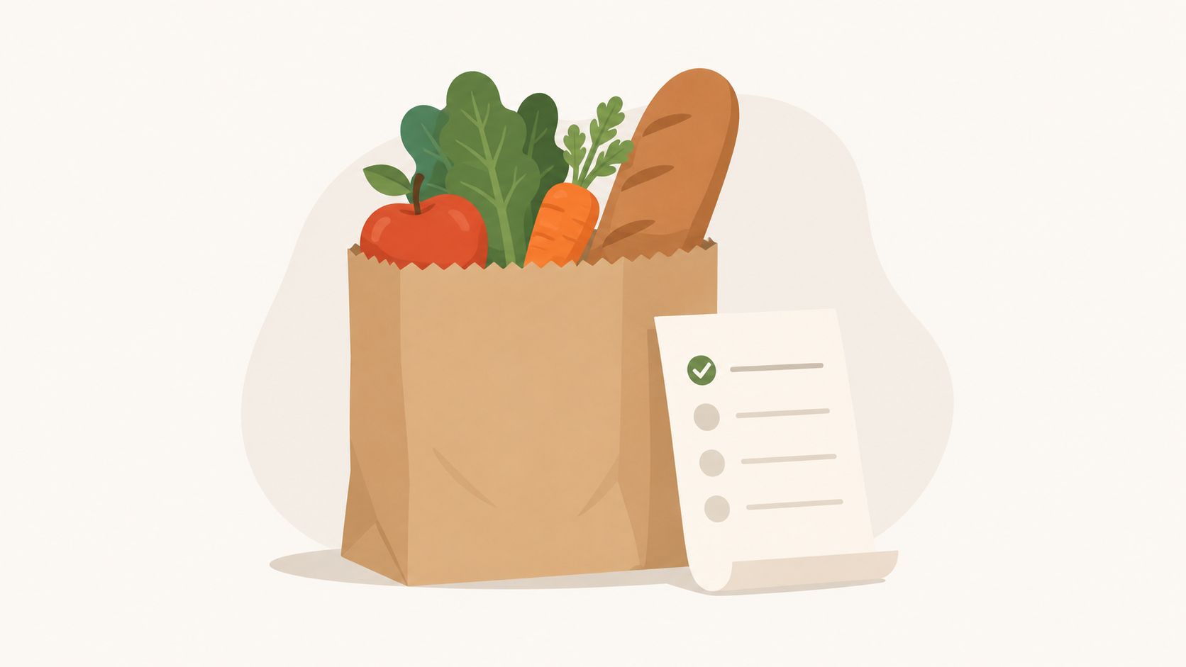 A brown paper grocery bag filled with fresh produce and bread next to a shopping checklist.