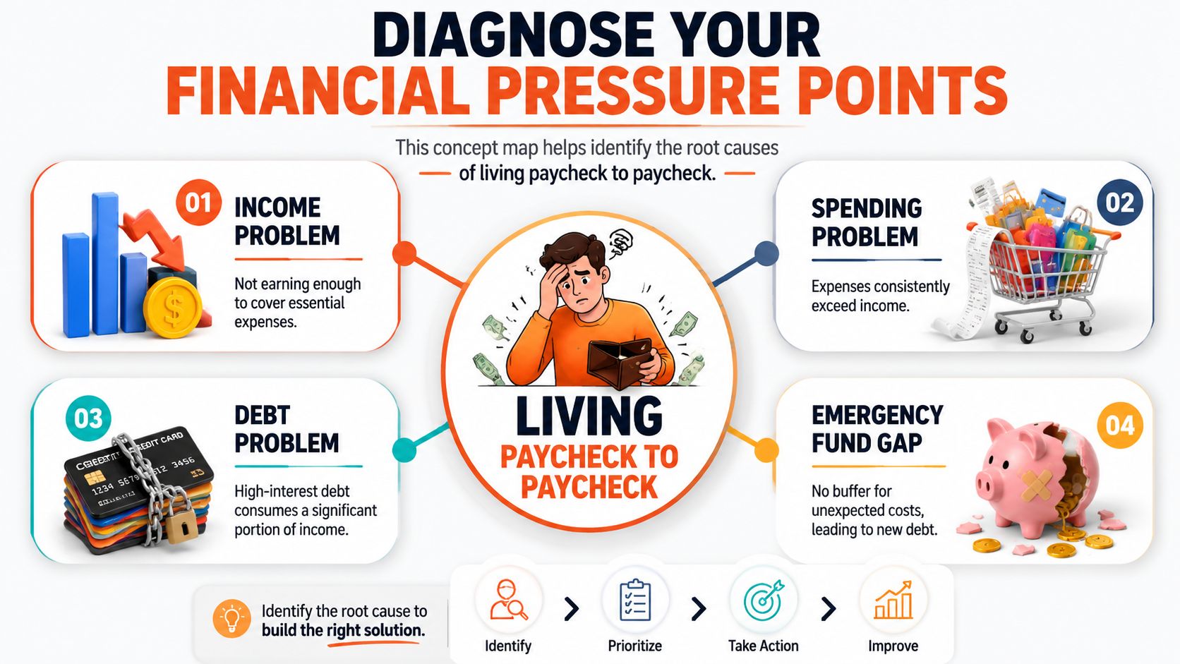 A visual diagram illustrating four primary causes of living paycheck to paycheck including income, spending, debt, and emergency fund gaps.