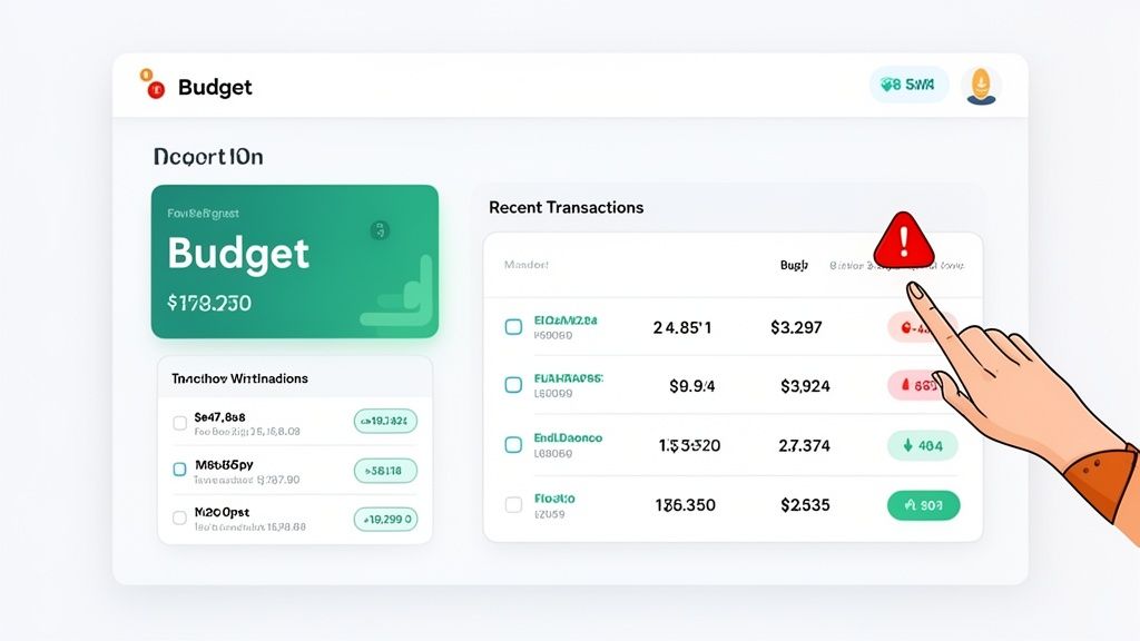 A hand pointing at a red exclamation mark warning icon above a digital financial budget tracking dashboard.