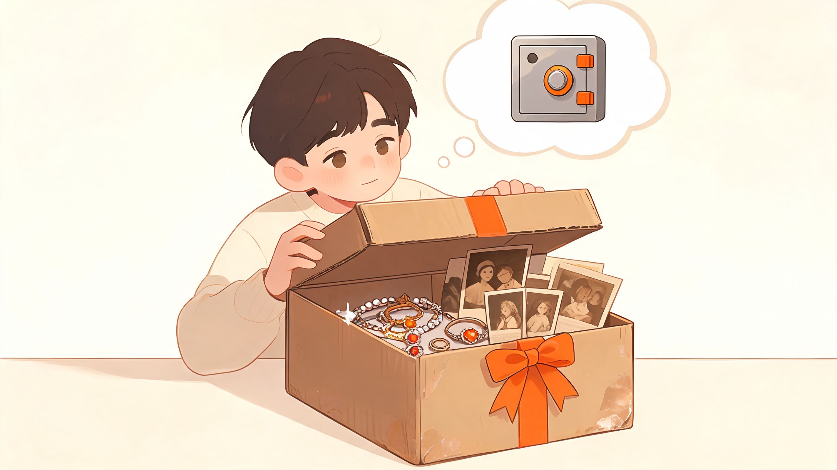 An anime-style boy looking into a gift box filled with jewelry and old photographs, thinking about a safe.