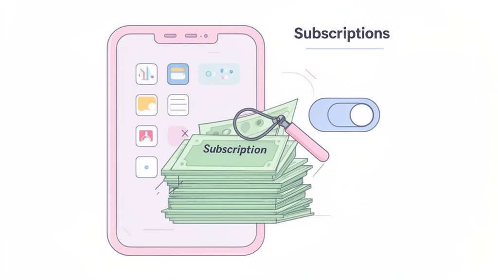 A smartphone shows app icons, with a stack of 'Subscription' money, a magnifying glass, and a toggle switch.