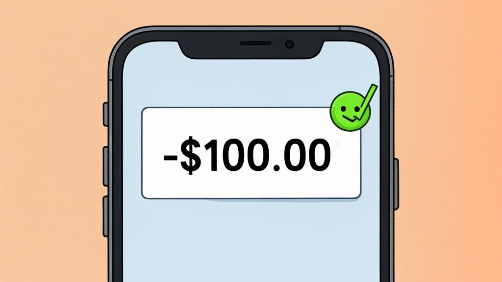A smartphone screen displaying a negative one hundred dollar transaction with a green success checkmark icon.