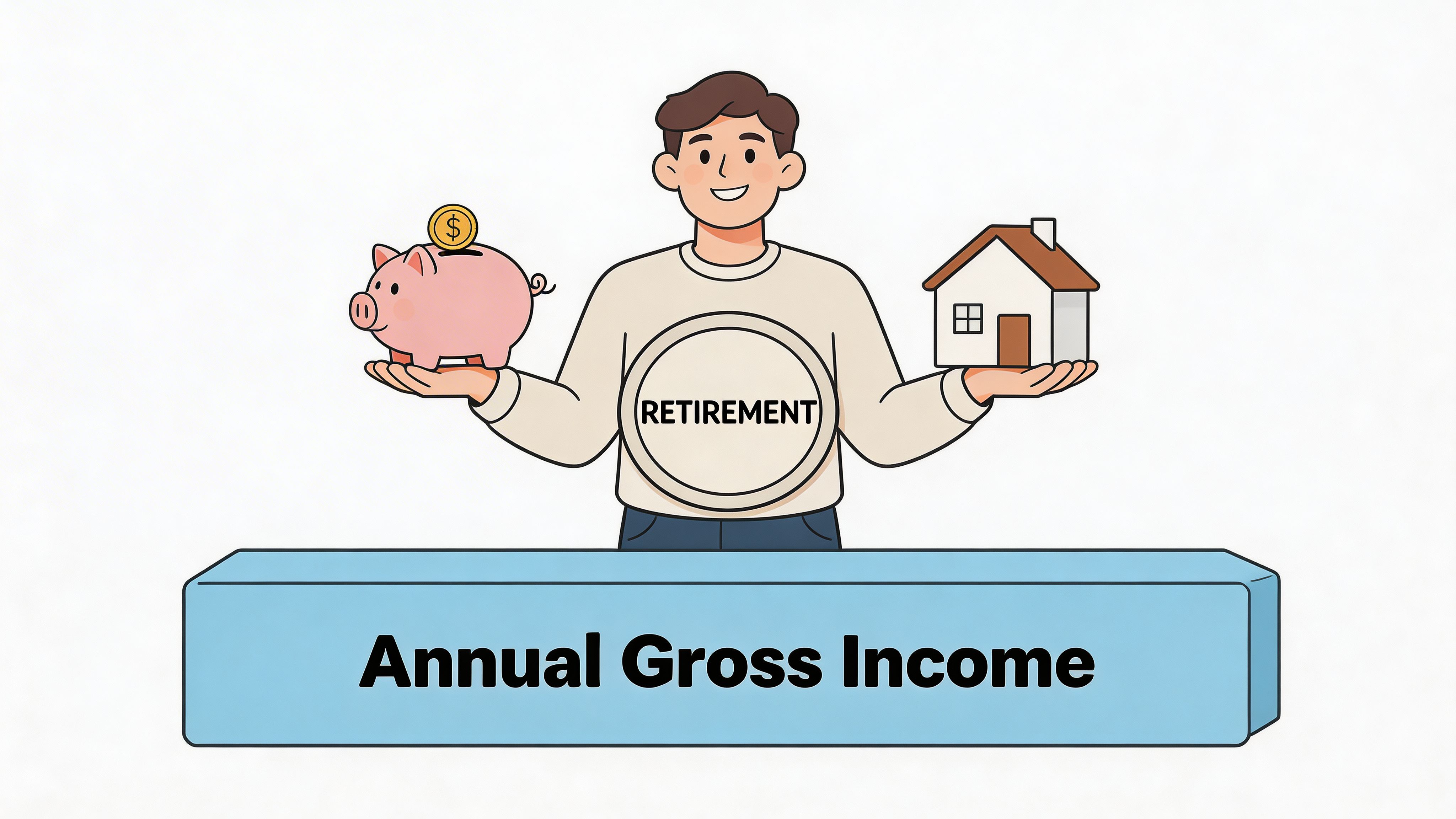 A person holding a piggy bank and a house icon representing retirement planning and annual gross income.