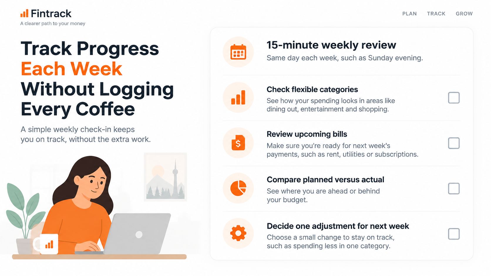 A woman using a laptop to manage her finances with the Fintrack app weekly review checklist displayed.