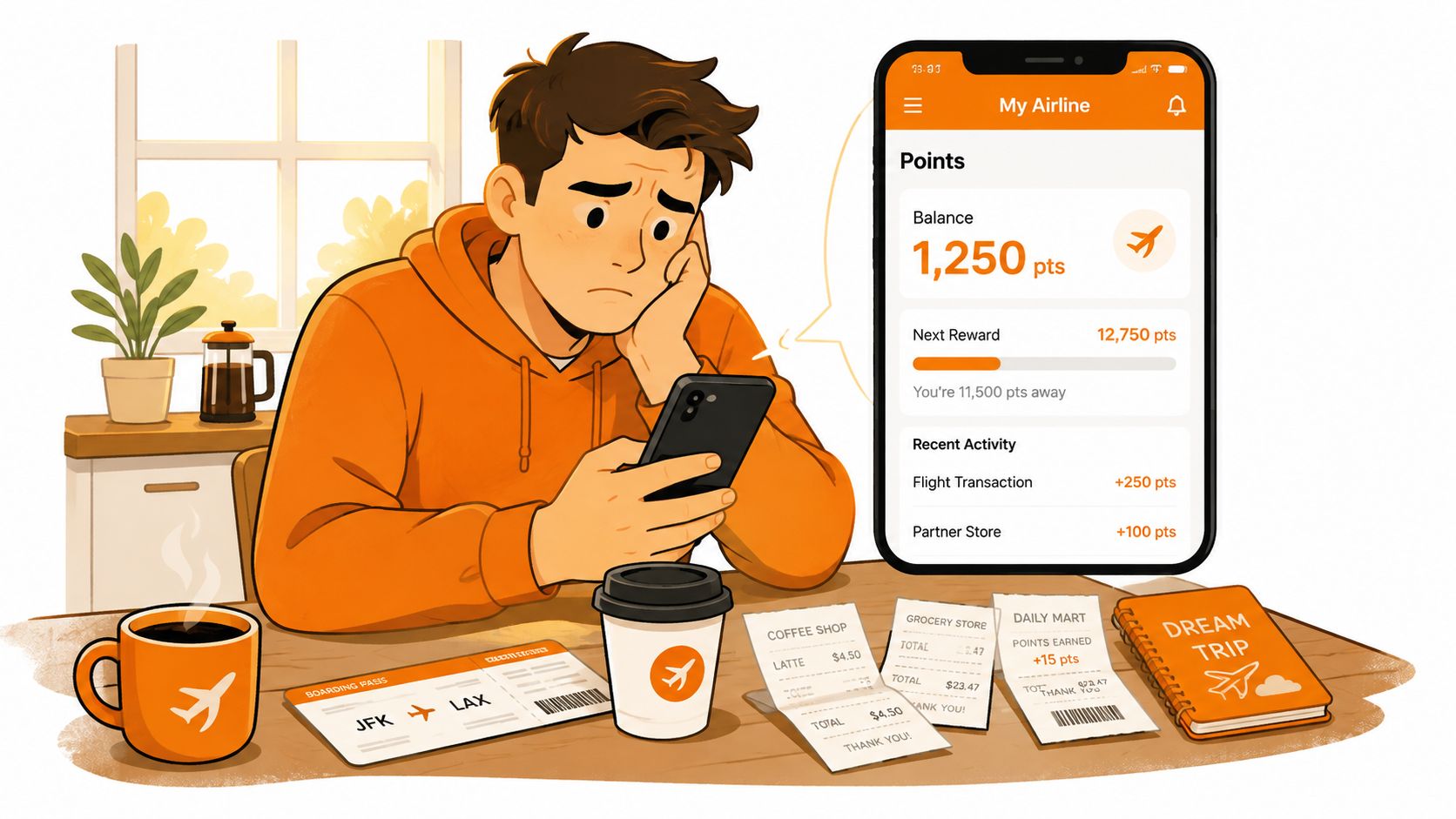 A young man looking discouraged at his phone while checking airline loyalty points balance on an app.