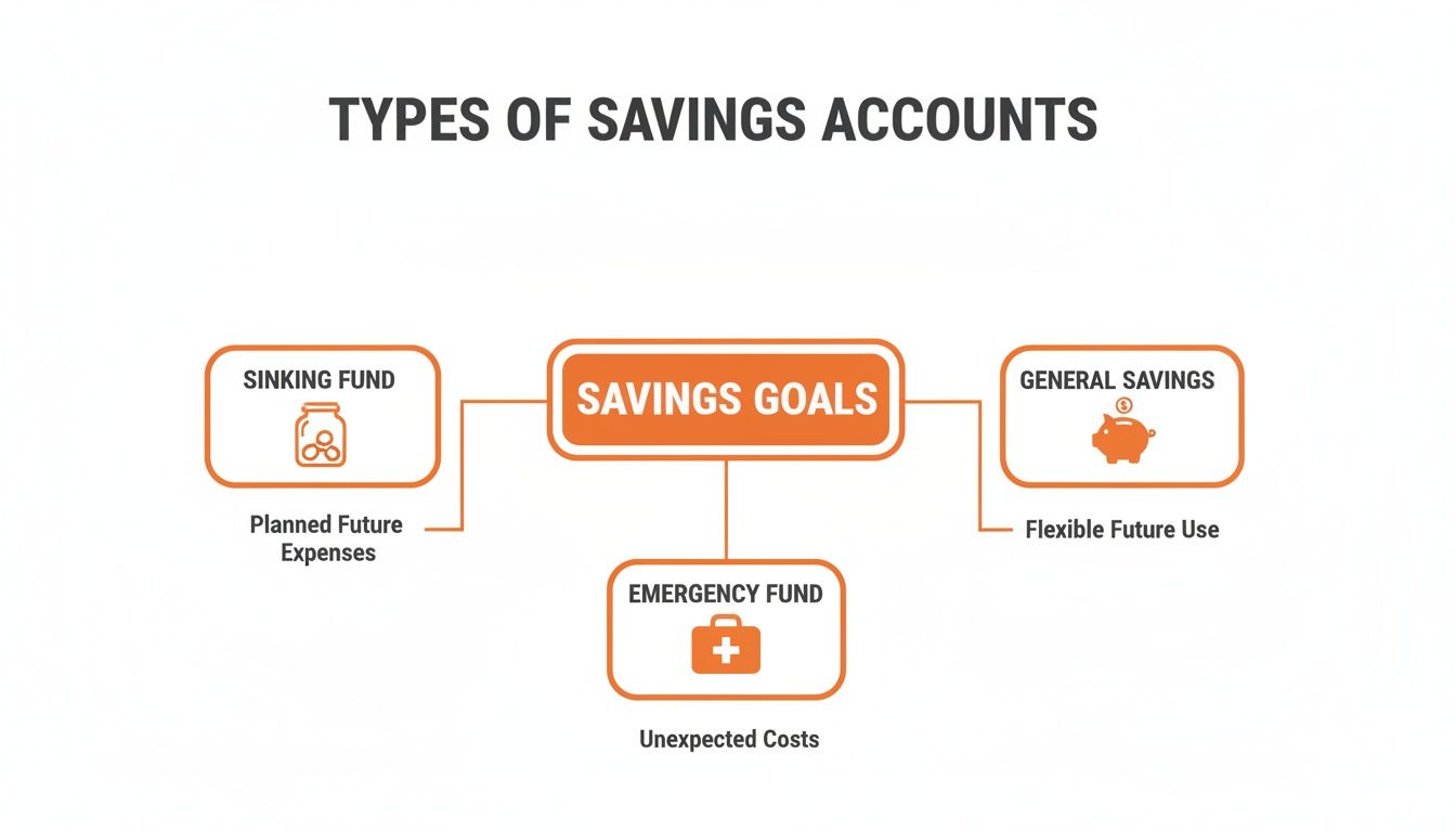 A flowchart illustrating three types of savings accounts: sinking fund, emergency fund, and general savings, with their goals.