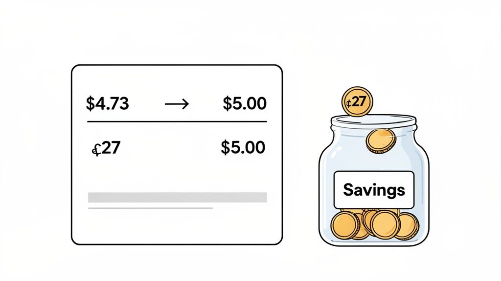 Illustration demonstrating saving money by rounding up a $4.73 transaction to $5.00, with 27 cents deposited into a savings jar.