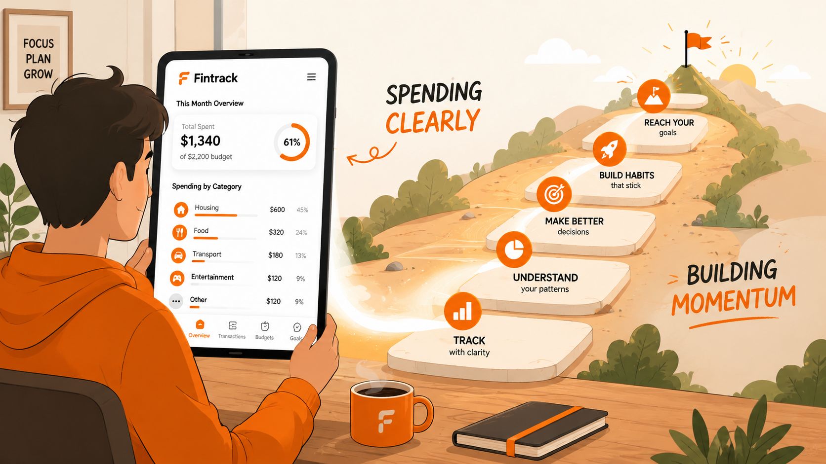 A person using a financial tracking app on a tablet with an illustration of building financial momentum.