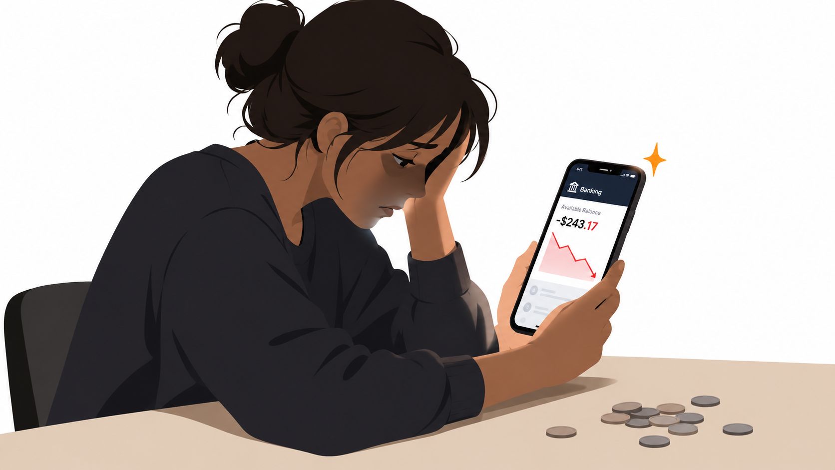 A worried young woman sits at a table looking at a negative bank balance on her smartphone.