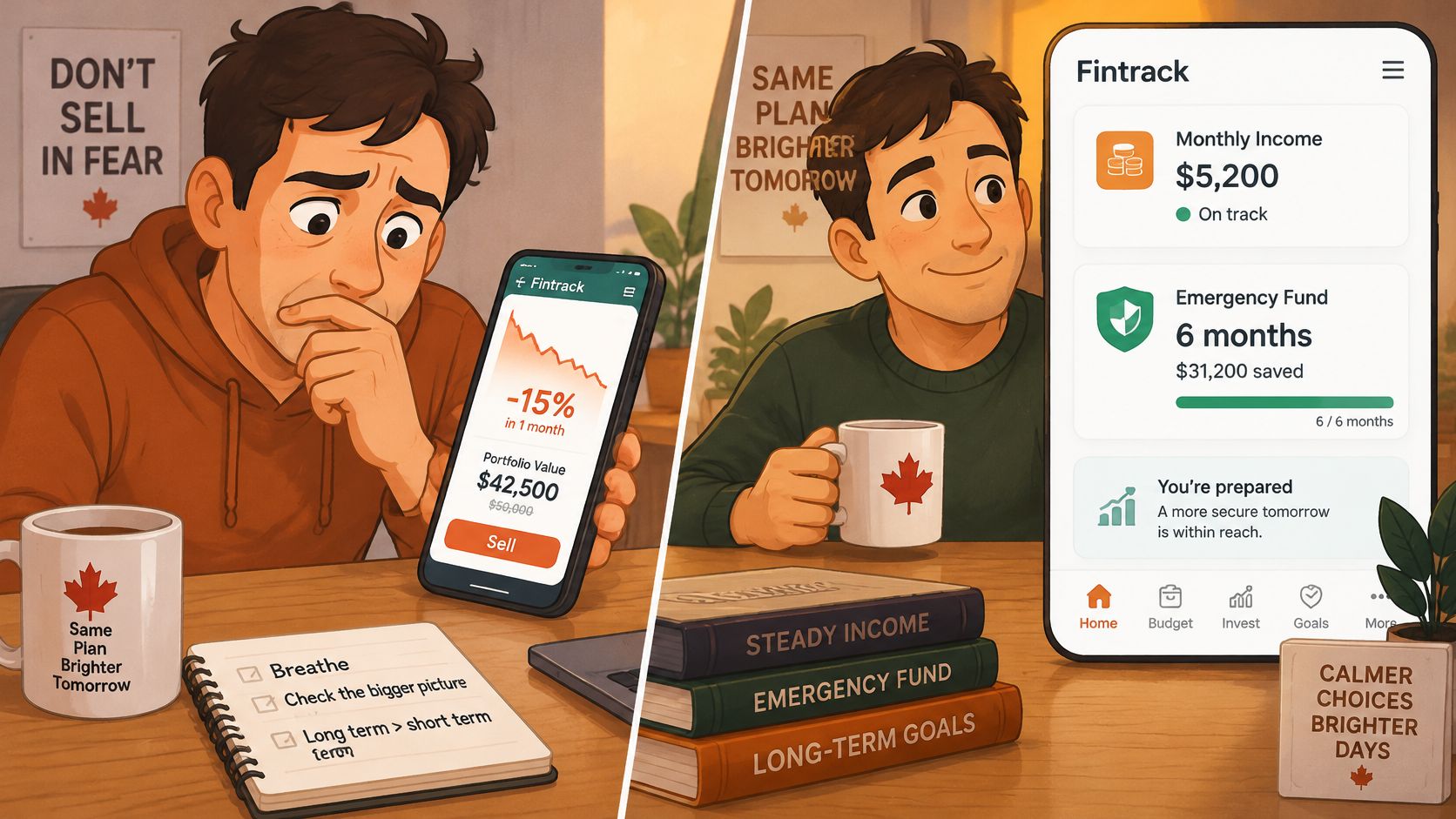 A split screen comparing a stressed investor monitoring a falling portfolio with a calm, well-prepared financial planner.