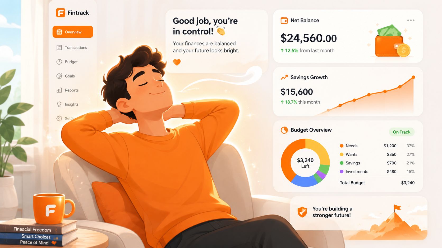 A relaxed young man sitting on a couch with a financial dashboard displaying his balanced personal budget.